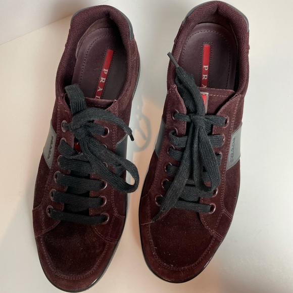 Prada Burgundy Suede Sneakers with Black Leather - Picture 9 of 11